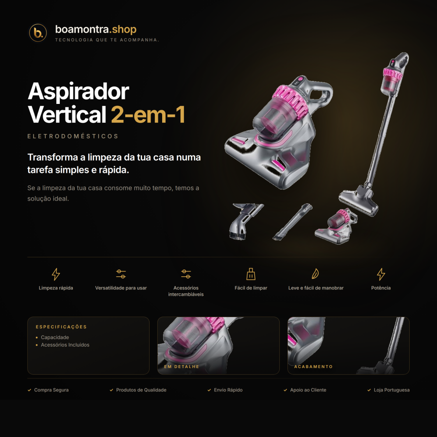 Limpeza Rápida com Aspirador Vertical 2-em-1