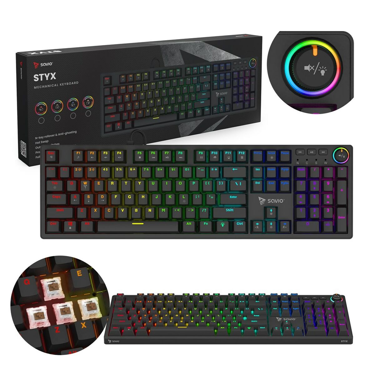 Teclado Savio STYX BROWN Preto Multicolor Qwerty US QZERTY
